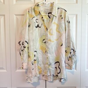 RACHEL ZOE Abstract Print Button-Up Blouse 100% Linen - Size 1X